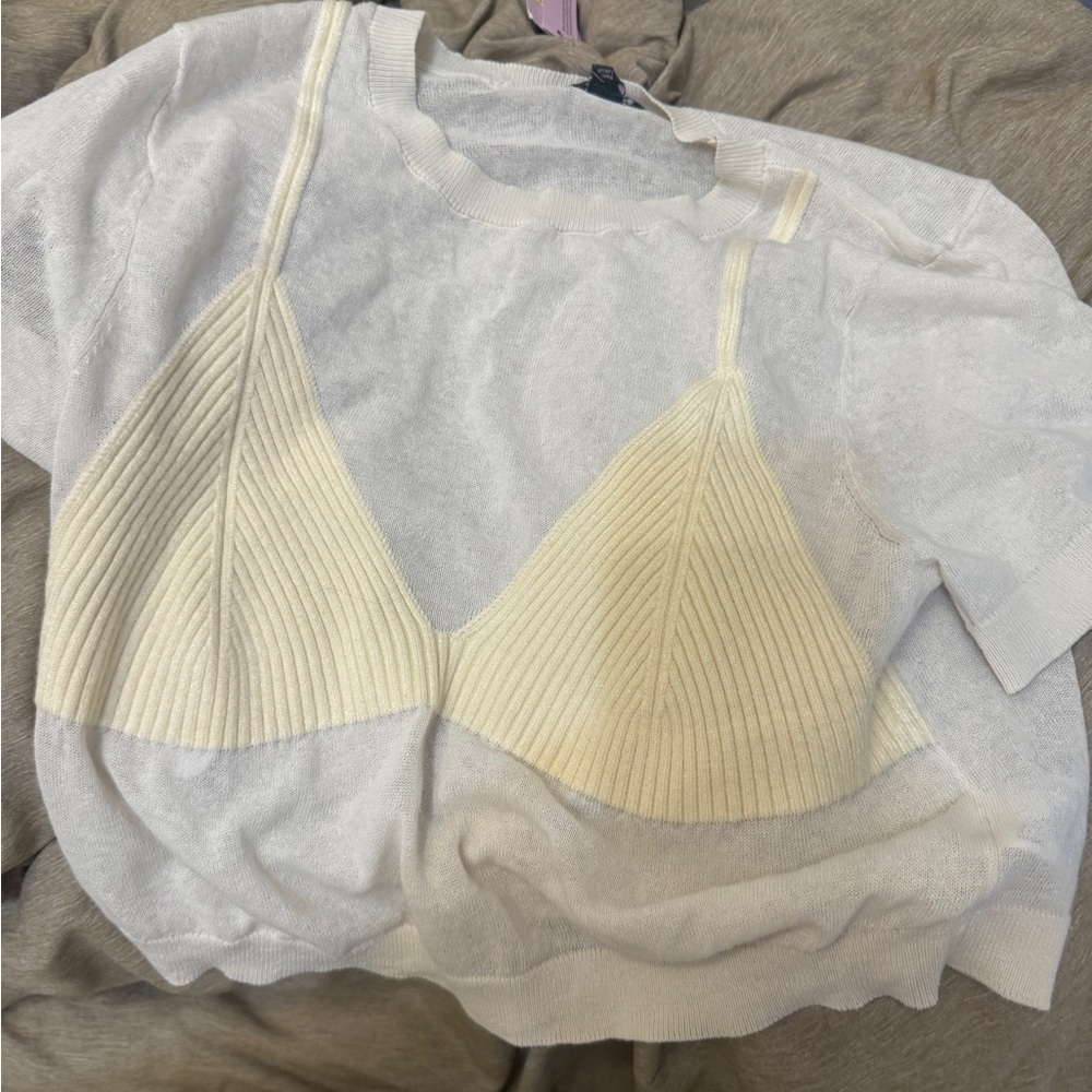 Target Ivory Ribbed Bralette Overlay Short Sleeve Top